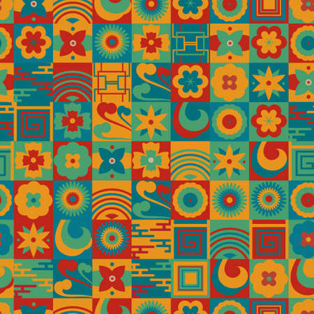 Vector poster with abstract ornament. Colors of Asia.のイラスト素材