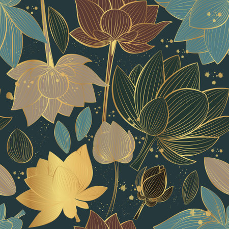 Seamless vector pattern with lotus flowers on a dark blue background.のイラスト素材