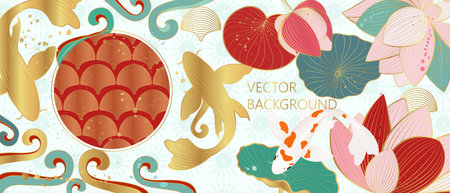 Vector poster with golden lily flowers and carp. Japanese poster. line art style.のイラスト素材