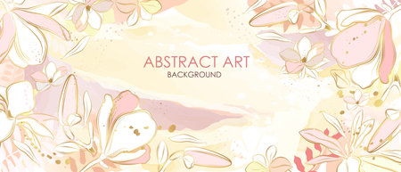 Vector poster with golden plants and flowers on a watercolor background. abstract background.のイラスト素材