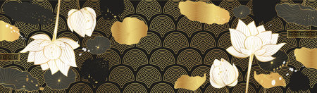Vector poster with golden flowers and lotus leaves on a black background. line art style. Japanese poster.のイラスト素材