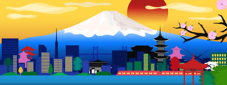 Vector poster with Japanese city view. Japanese traditional characters. urban view.のイラスト素材