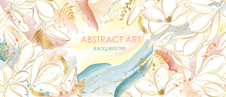 Vector poster with golden plants and flowers on a watercolor background. abstract background.のイラスト素材
