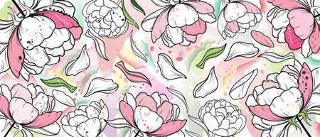 Vector poster with peony flowers on a watercolor background. abstract backgroundのイラスト素材