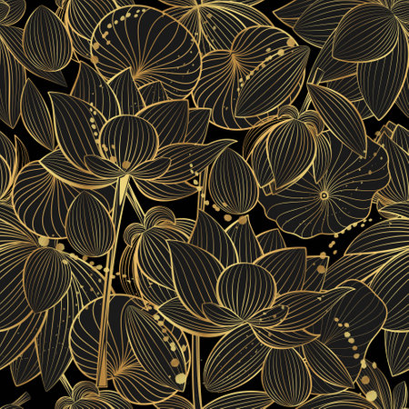 Seamless vector pattern with lotus flowers on a black background. line art style.のイラスト素材