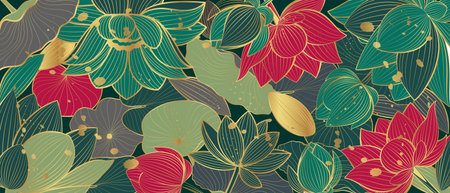 Vector banner with golden lotus flowers. line art style. Asian background.のイラスト素材