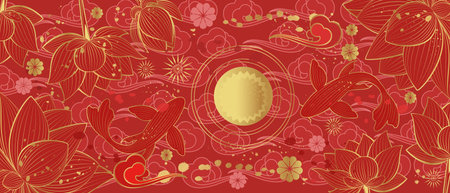 Vector banner with traditional Chinese elements and ornament. Koi carp in gold color on a red background with peony flowers. Chinese background.のイラスト素材