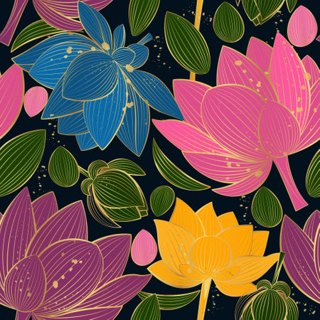 Seamless vector pattern with lotus flowers on a dark background. Golden flowers in line art style.のイラスト素材