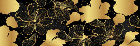 Vector background with golden flowers on a black background. line art style.のイラスト素材