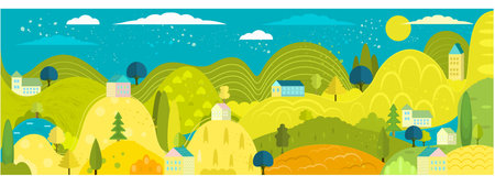Vector poster with nature view with houses. natural landscape.のイラスト素材