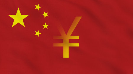 Chinese Yuan Flag with waving folds, close up view, 3d renderingの写真素材