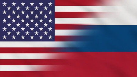 USA and Russia flag with waving grunge texture. Vector background.