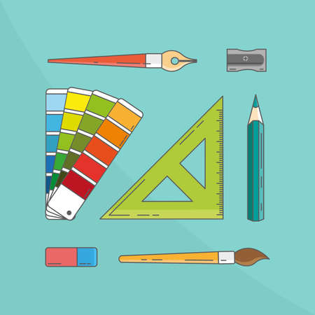 Graphic design tools vector illustration including pen, brushes, pencil, ruler, color swatch, eraser and pencil sharpenerのイラスト素材