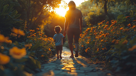 A mother and child walk hand-in-hand down a stone path lined with orange flowers, bathed in the warm glow of the setting sun, creating a peaceful and loving moment.の素材