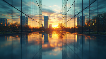 A serene sunset bathes a modern city in golden light, reflected in the sleek glass facade of buildings and a still pool, creating a symmetrical urban landscape.の素材