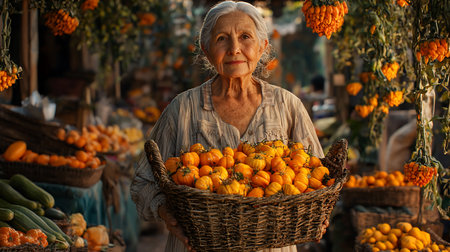 A kind-faced elderly woman holds a basket overflowing with vibrant orange tomatoes at a lively market, surrounded by hanging produce and other vendors.の素材