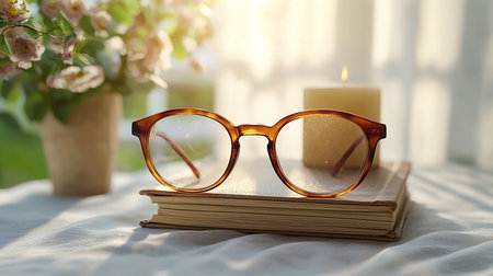 Brown-rimmed glasses sit atop a worn book, bathed in soft sunlight. A candle and flowers add to the cozy, nostalgic ambiance, creating a peaceful, inviting scene.の素材