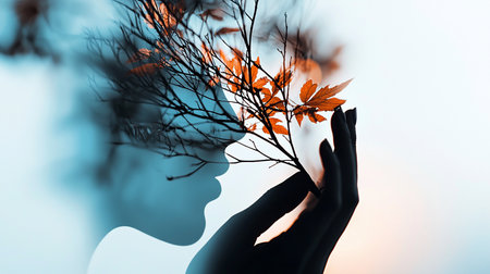 Double exposure art featuring a woman's blue-toned silhouette, a hand holding a branch with vibrant orange autumn leaves, creating a dreamy, surreal, and evocative composition.の素材
