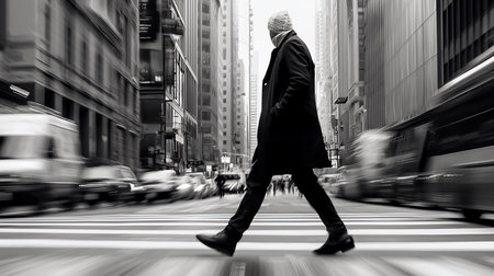A man in a coat and hat strides across a zebra crossing in a bustling city. Motion blur captures the city's energy, emphasizing the pedestrian's purposeful movement.の素材