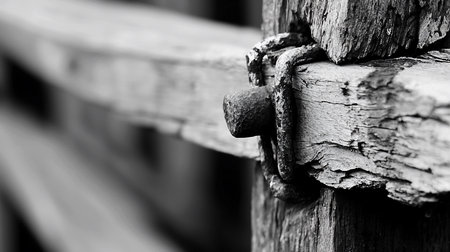 A close-up, black and white image focuses on the weathered texture of old wood and rusted metal hardware, highlighting the effects of time and the elements on aged materials.の素材