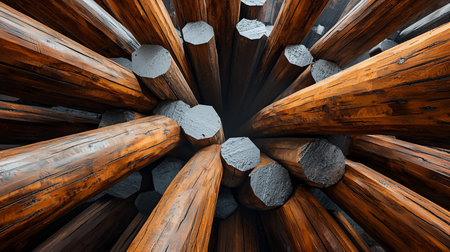An abstract, low-angle view of converging wooden logs, forming a tunnel-like structure. The logs are brown with gray painted ends, creating a geometric pattern and depth.の素材