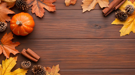A warm, inviting still life featuring a small pumpkin, cinnamon sticks, autumn leaves, and pine cones arranged on a rustic wooden surface, evoking a cozy fall atmosphere.の素材