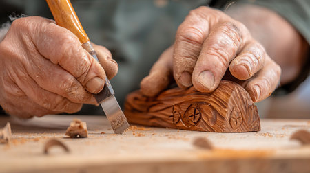 Close-up of a woodcarver's hands meticulously shaping a piece of wood with a chisel, showcasing the artistry and detail involved in creating intricate designs.の素材