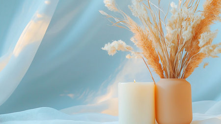A calming still life featuring a lit candle and pampas grass in a vase against a soft blue backdrop, creating a peaceful and minimalist aesthetic.の素材