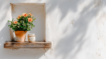 A terra cotta pot filled with vibrant orange flowers sits beside a small ceramic pot on a weathered wooden shelf, set within a niche in a textured white wall, bathed in sunlight.の素材