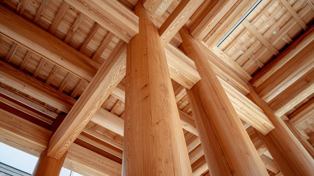 Low angle view of a complex wooden beam structure, showcasing traditional Japanese architecture. Warm, natural light highlights the wood grain and intricate joinery details.の素材