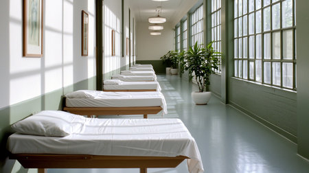 A long hospital ward features rows of neatly made beds with white linens, bathed in soft sunlight streaming through large windows, complemented by green walls and potted plants.の素材