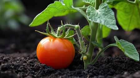 Close-up of a ripe, orange tomato resting in dark soil beside its plant, with green leaves and a small, unripe tomato visible on the stem.の素材