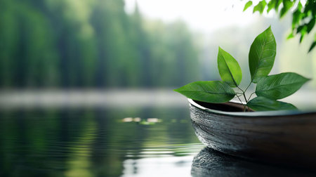 Close-up of green leaves in a wooden bowl floating on a calm lake, reflecting the surrounding lush greenery. Soft light enhances the tranquil, natural scene.の素材