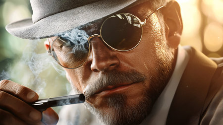 Close-up portrait of a man with a hat and round sunglasses smoking a pipe. The image is filled with smoke, creating a mysterious and intriguing atmosphere.の素材