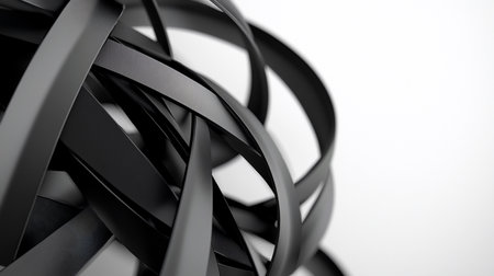 Abstract monochrome image featuring intertwined black ribbons against a bright white background. The composition creates a sense of depth and movement, with a minimalist and modern aesthetic.の素材