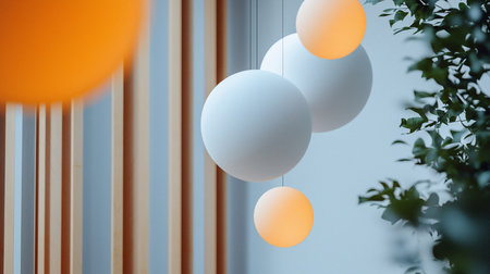A modern interior featuring spherical pendant lights in white and orange hues, complemented by a striped wood panel wall and lush green foliage, creating a serene and stylish atmosphere.の素材