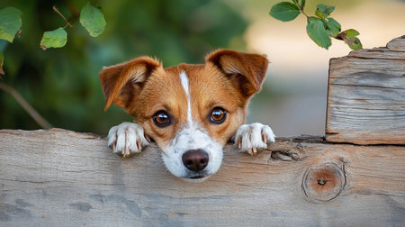 A charming Jack Russell Terrier with brown and white fur peers over a weathered wooden fence, its paws resting on the edge, set against a soft green foliage backdrop.の素材
