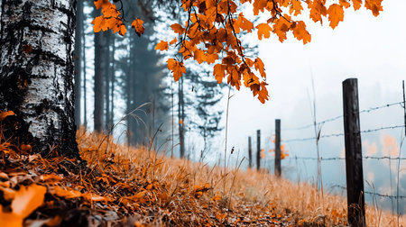 A serene autumn scene featuring a birch tree, vibrant golden leaves, and a misty forest backdrop with a rustic fence line, creating a tranquil, seasonal landscape.の素材