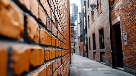 A narrow alleyway framed by textured brick buildings leads to distant skyscrapers. The perspective emphasizes the contrast between old and new architecture in an urban setting.の素材