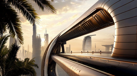 A futuristic cityscape featuring an elevated walkway with people silhouetted against a hazy sunset, palm trees in the foreground, and towering skyscrapers in the distance.の素材