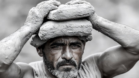 A monochrome portrait captures a laborer carrying bricks, his face etched with hardship. The image conveys strength, resilience, and the weight of labor.の素材