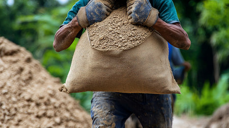 Close-up of a laborer carrying a heavy sack of soil. Focus on the hands, bag, and muddy jeans, highlighting the physical demands of the work.の素材