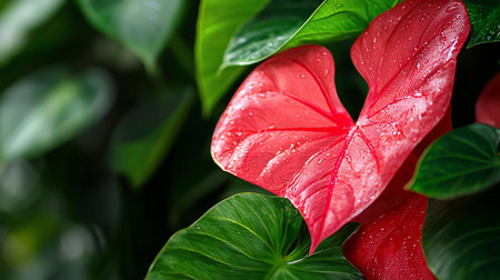 A close-up captures a vibrant red Anthurium flower, adorned with glistening water droplets, nestled amidst lush green leaves, creating a striking contrast of color and texture.の素材