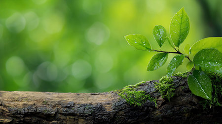 Close-up of vibrant green leaves with water droplets, resting on a moss-covered log. Soft bokeh background enhances the natural, serene atmosphere.の素材