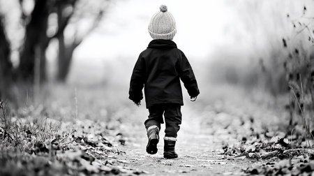 A young child, seen from behind, walks along a leaf-strewn path in autumn. The monochrome palette enhances the solitary mood and the journey ahead.の素材
