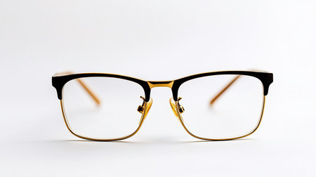 Close-up studio shot of stylish eyeglasses with black top and gold frame, isolated on a clean white background, showcasing modern design and clarity.の素材