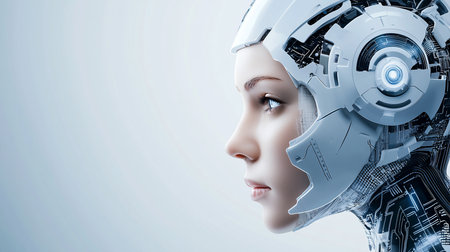 Striking close-up of a cyborg's face, blending human features with advanced robotic headgear, set against a clean, light background. The image explores themes of technology and humanity.の素材