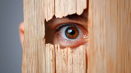 A single, intense brown eye peers through a jagged hole in splintered wood, creating a sense of suspense and observation. The close-up shot emphasizes the eye's detail.の素材