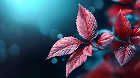 Macro shot of red leaves on a branch, showcasing intricate details. Teal bokeh background creates a dreamy, artistic effect. Focus on texture and color contrast.の素材