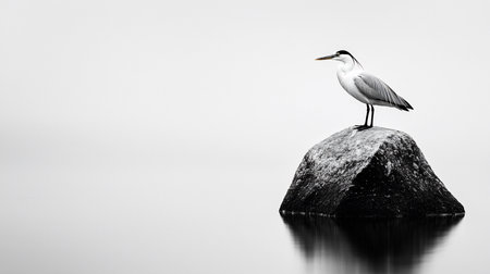 A pied heron stands gracefully atop a rock in calm water, its reflection mirrored below. The monochrome palette enhances the tranquil mood and minimalist composition.の素材